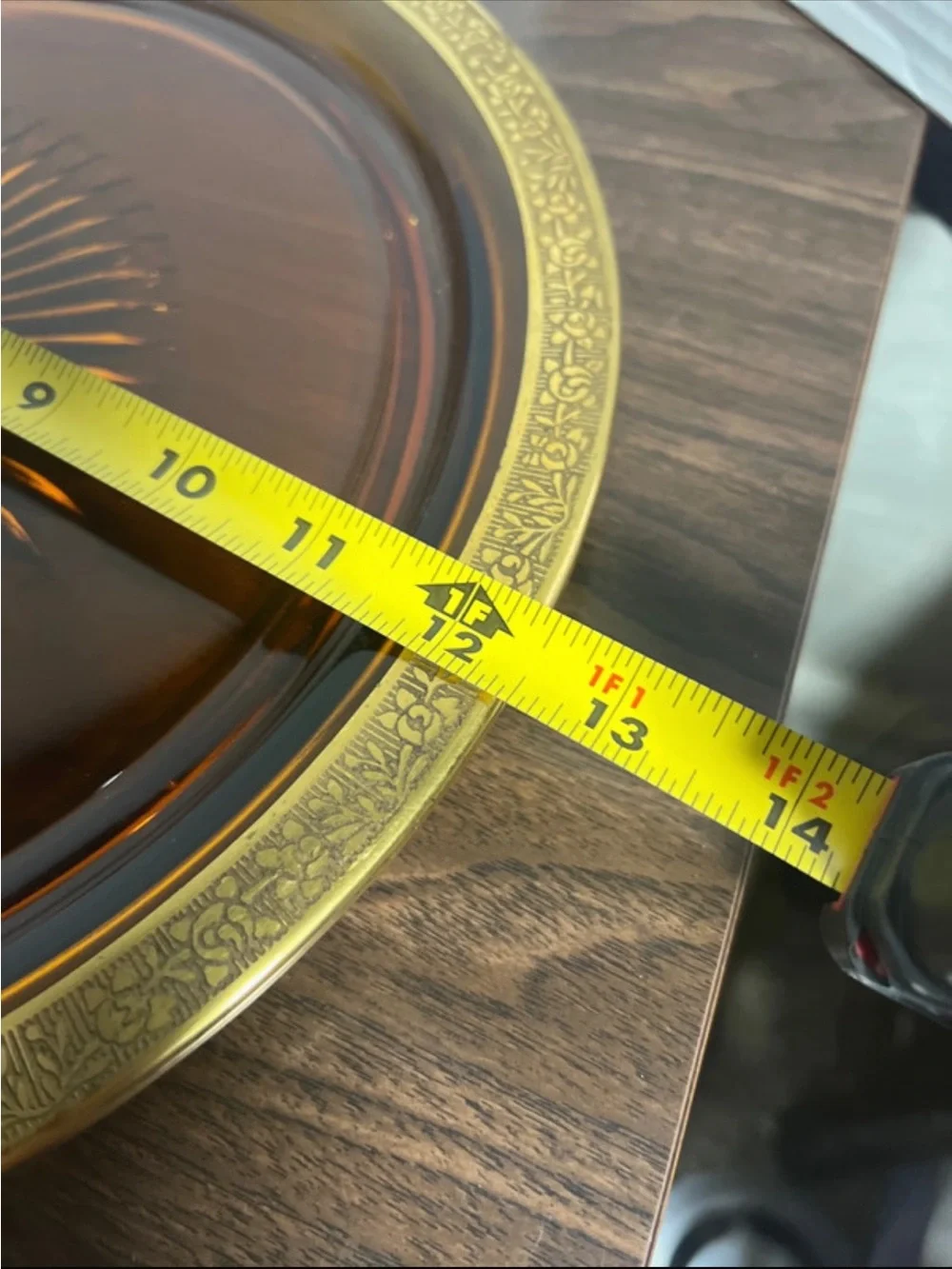 Vintage Amber Glass Serving Platter with Gold-Tone Rim